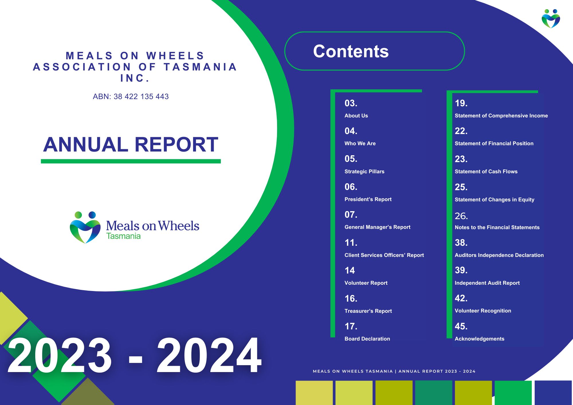 Front cover of annual report and table of contents for financial year ending 2024